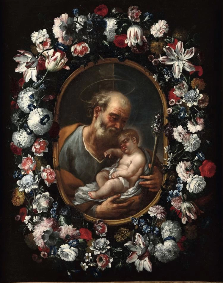 San Giuseppe con Bambino entro ghirlanda di fiori, con Luca Giordano